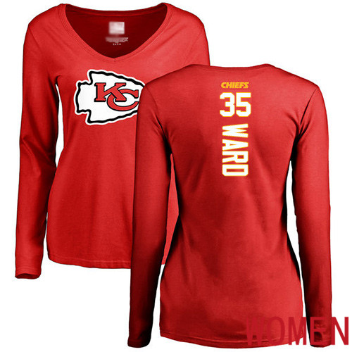 Women Football Kansas City Chiefs #35 Ward Charvarius Red Backer Slim Fit Long Sleeve T-Shirt->nfl t-shirts->Sports Accessory